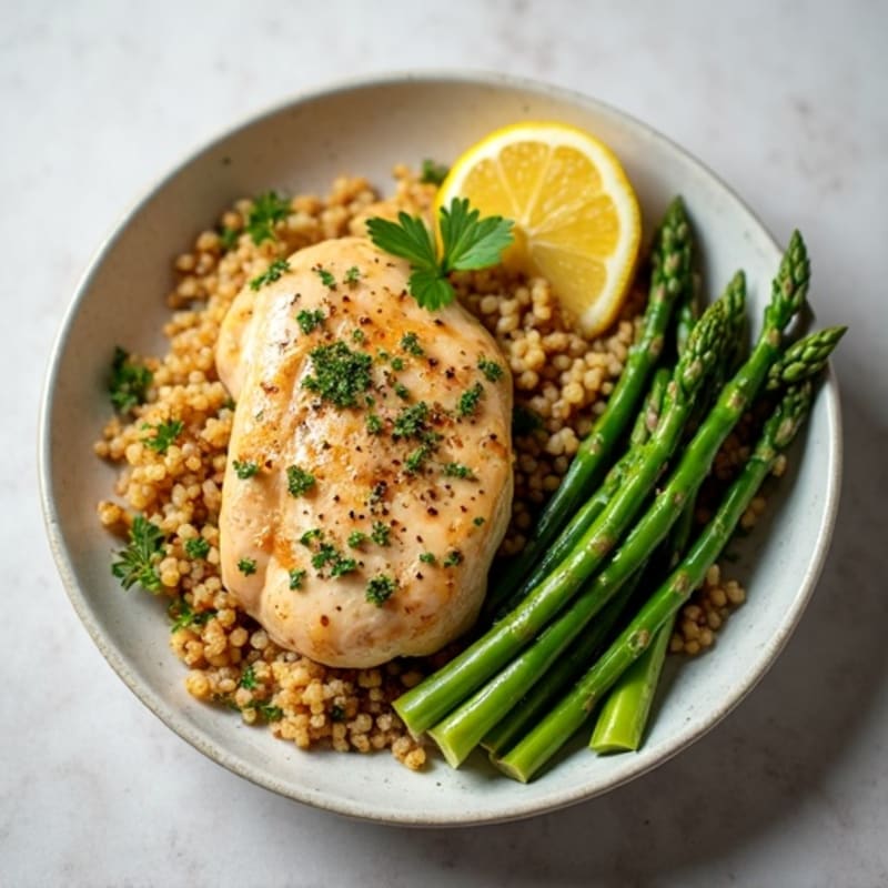 Lemon-Herb Quinoa with Roasted Chicken and Crispy Asparagus
