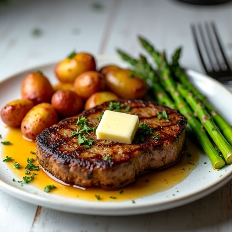 Pan-Seared Garlic Butter Steak with Crispy Roasted Potatoes and Asparagus