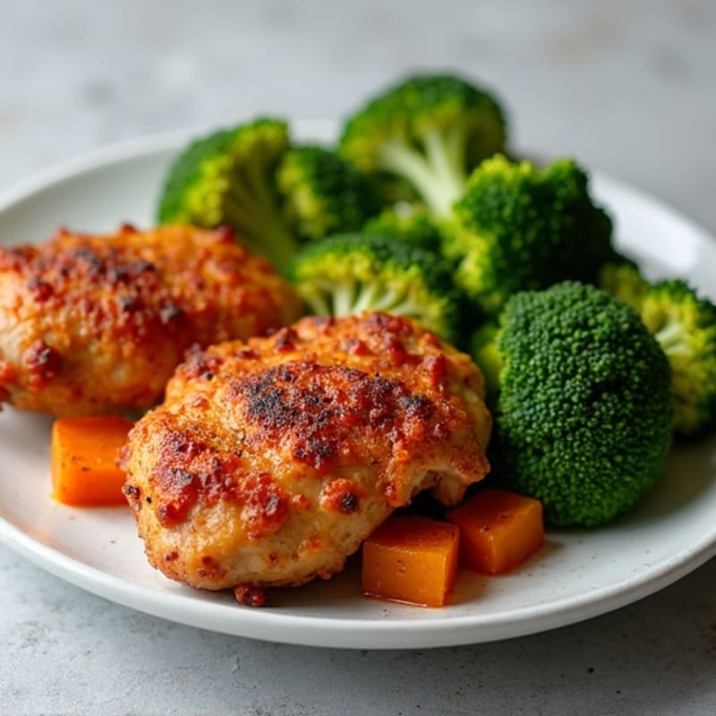 Spicy Crispy Chicken Thighs with Roasted Broccoli and Sweet Potatoes