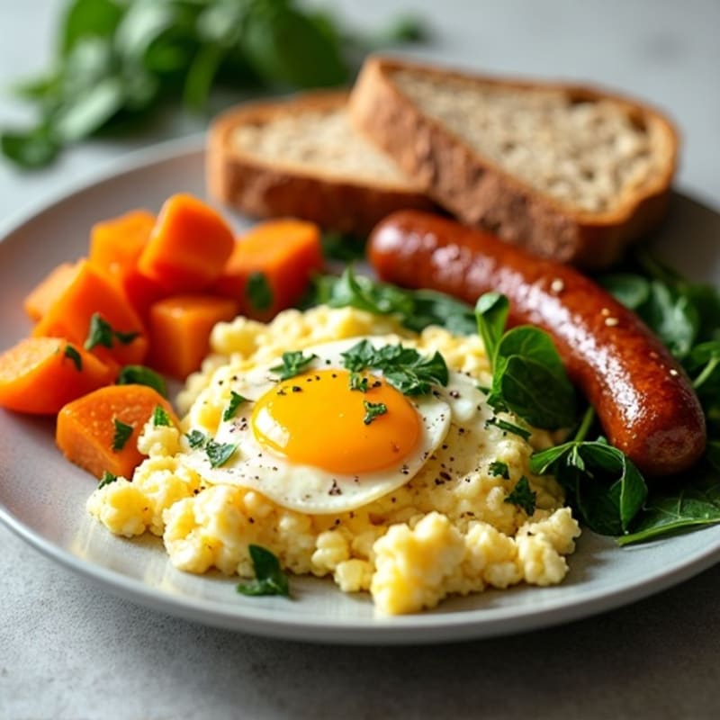 Egg White and Turkey Sausage Scramble with Roasted Sweet Potatoes