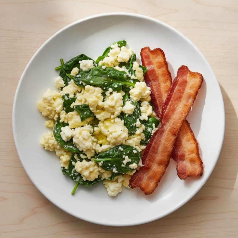 Cottage Cheese Egg Scramble with Spinach and Turkey Bacon