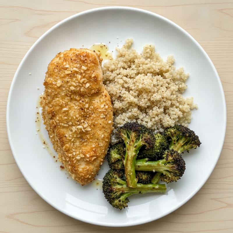 Crispy Baked Chicken Breast with Quinoa and Roasted Broccoli