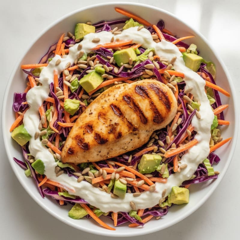 Grilled Chicken Breast with Crunchy Cabbage Slaw and Greek Yogurt Dressing