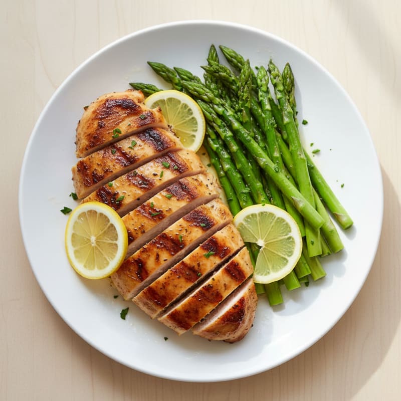 Grilled Chicken Breast with Steamed Asparagus and Lemon