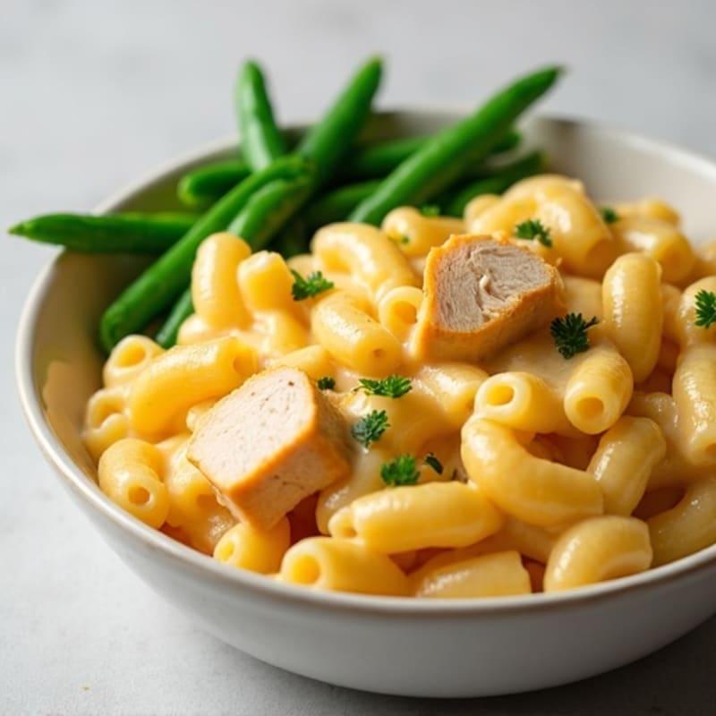 Creamy Chicken Mac and Cheese with Steamed Green Beans