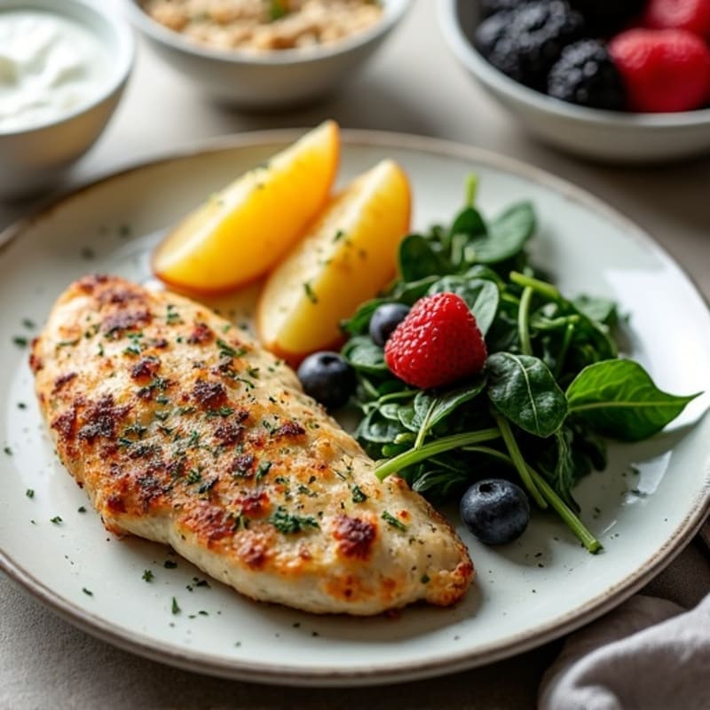 Herb-Baked Chicken Breast with Crispy Potato Slices and Sautéed Spinach
