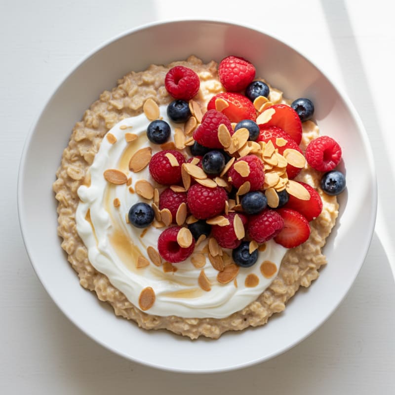 Creamy Greek Yogurt Protein Oats with Sliced Almonds and Fresh Berries