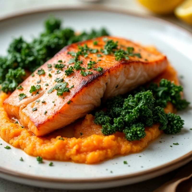 Seared Salmon with Sautéed Kale and Lemon-Garlic Sweet Potato Mash