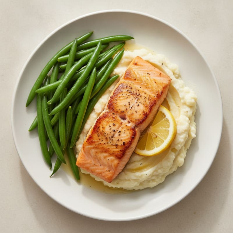 Seared Salmon with Steamed Green Beans and Mashed Cauliflower