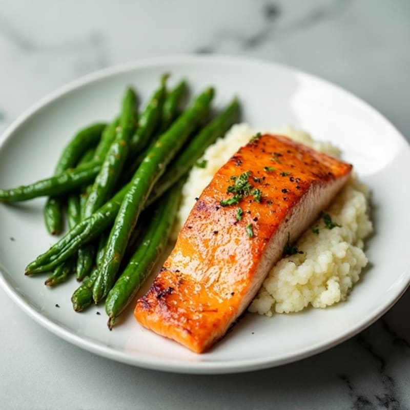 Seared Salmon with Garlic Green Beans and Cauliflower Mash
