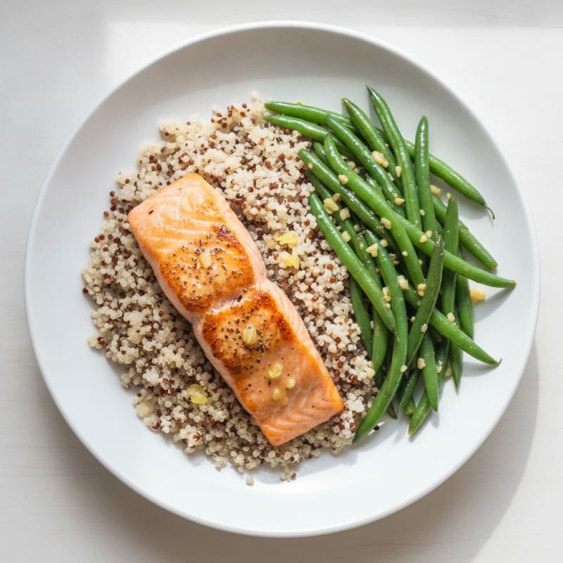 Seared Salmon Fillet with Quinoa and Garlicky Green Beans