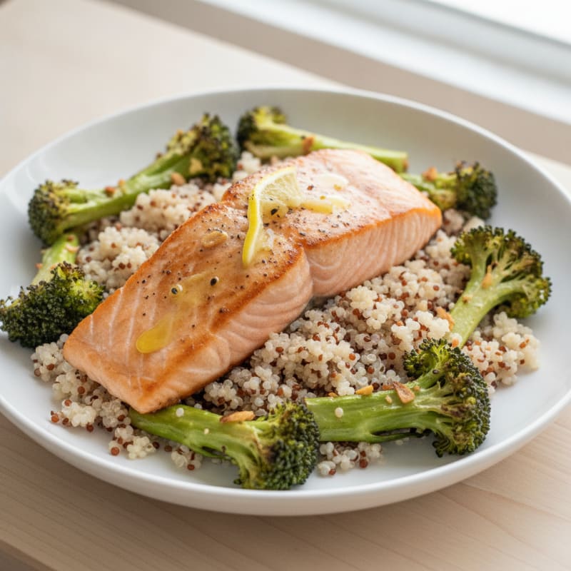 Seared Salmon Fillet with Roasted Broccoli and Quinoa