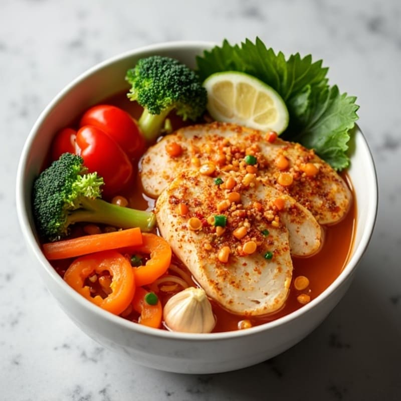 Spicy Sriracha Chicken Ramen with Fresh Vegetables