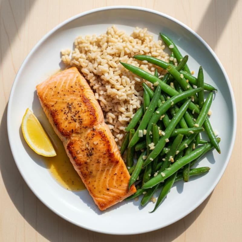 Seared Salmon with Garlic Green Beans and Brown Rice
