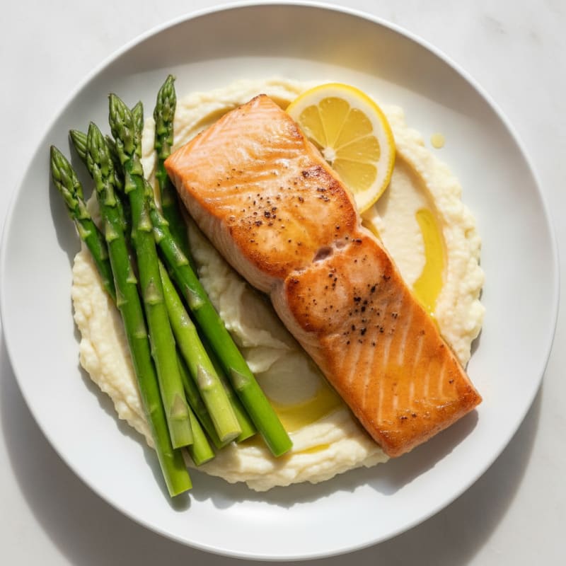 Seared Salmon Filet with Steamed Asparagus and Cauliflower Mash