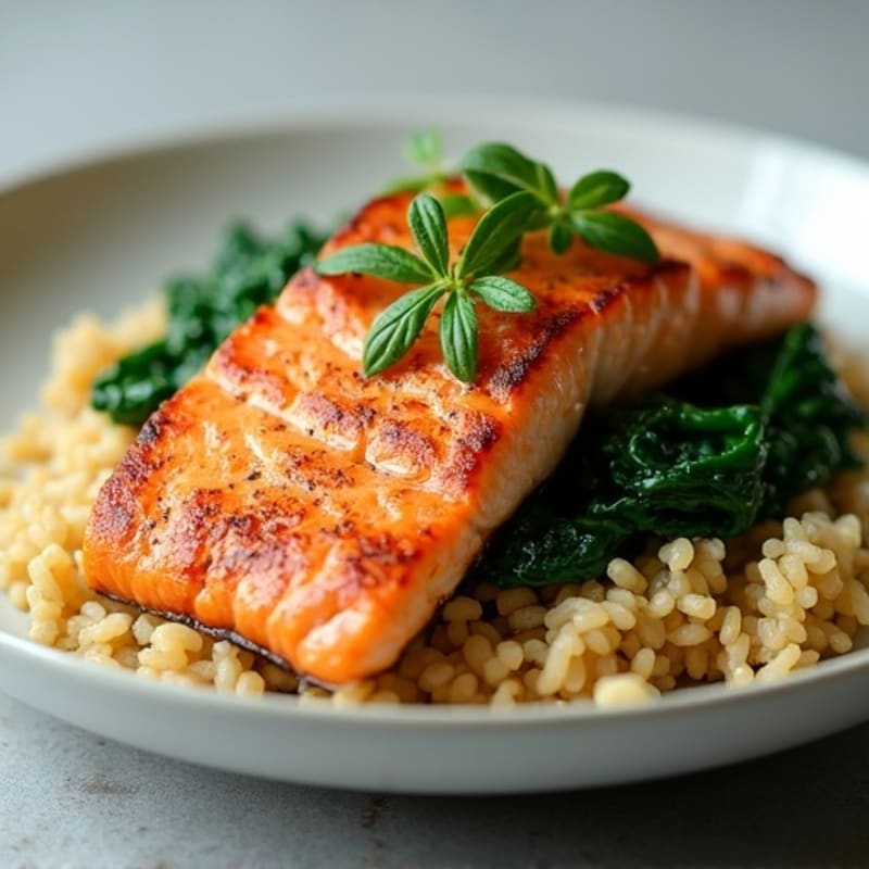 Seared Salmon with Garlic Spinach and Brown Rice