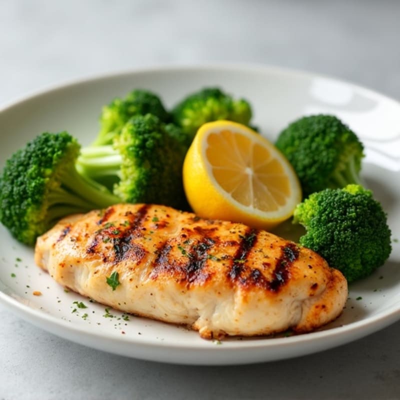 Grilled Chicken Breast with Steamed Broccoli and Lemon