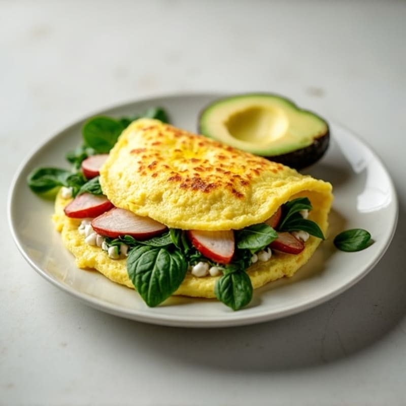 Egg White Spinach Omelette with Cottage Cheese, Sliced Turkey, and Avocado