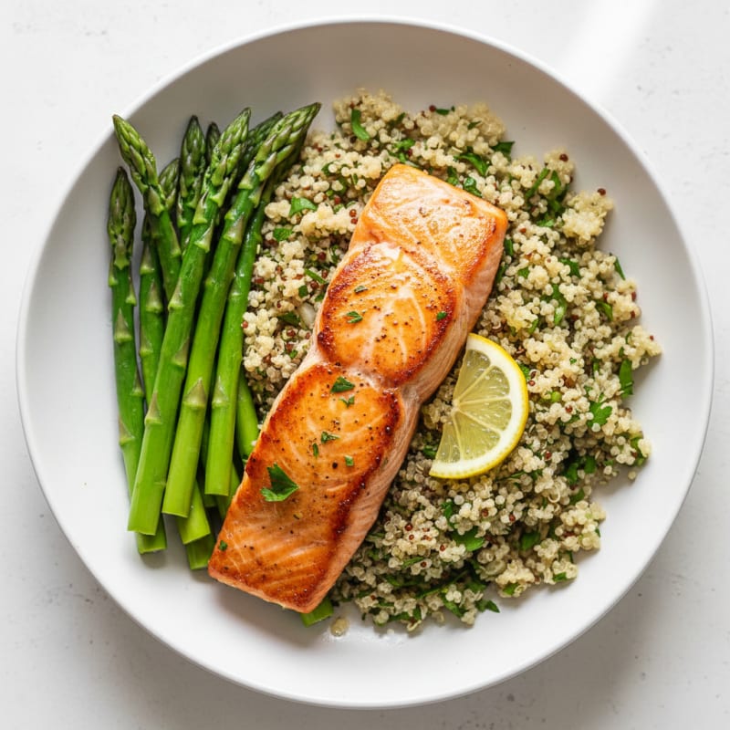 Pan-Seared Salmon with Herb-Quinoa and Steamed Asparagus