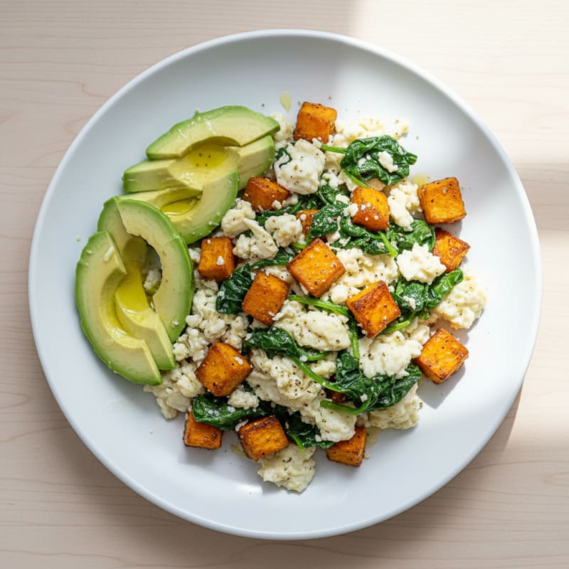 Egg White and Spinach Scramble with Roasted Sweet Potato