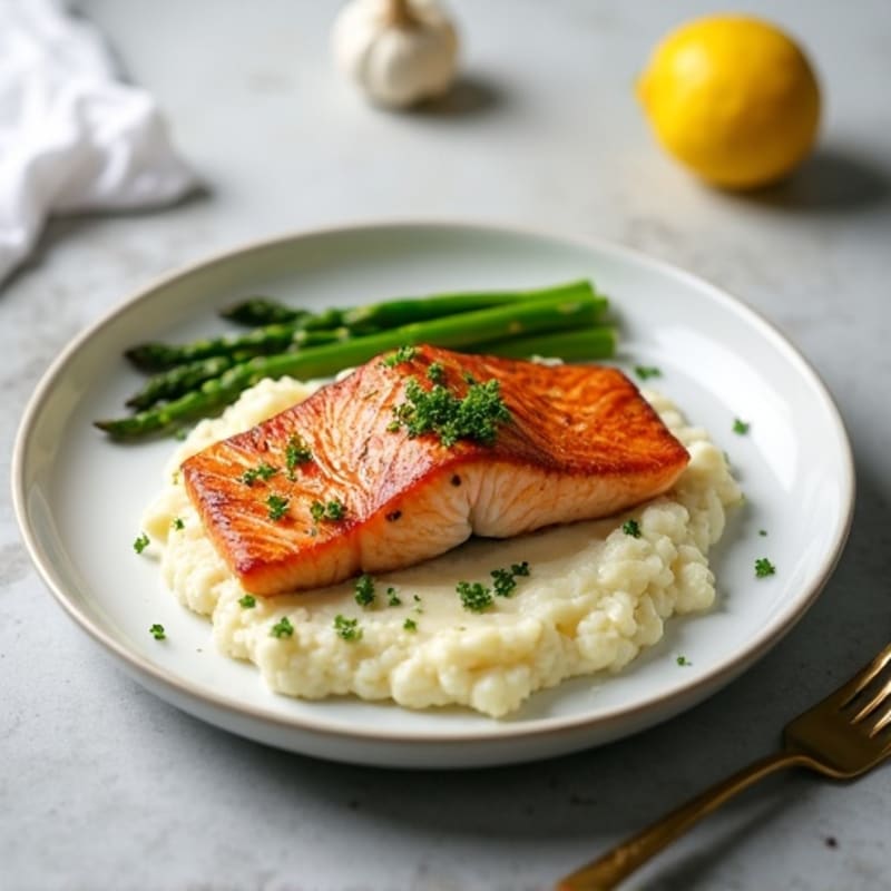 Seared Salmon with Steamed Asparagus and Garlic Cauliflower Mash