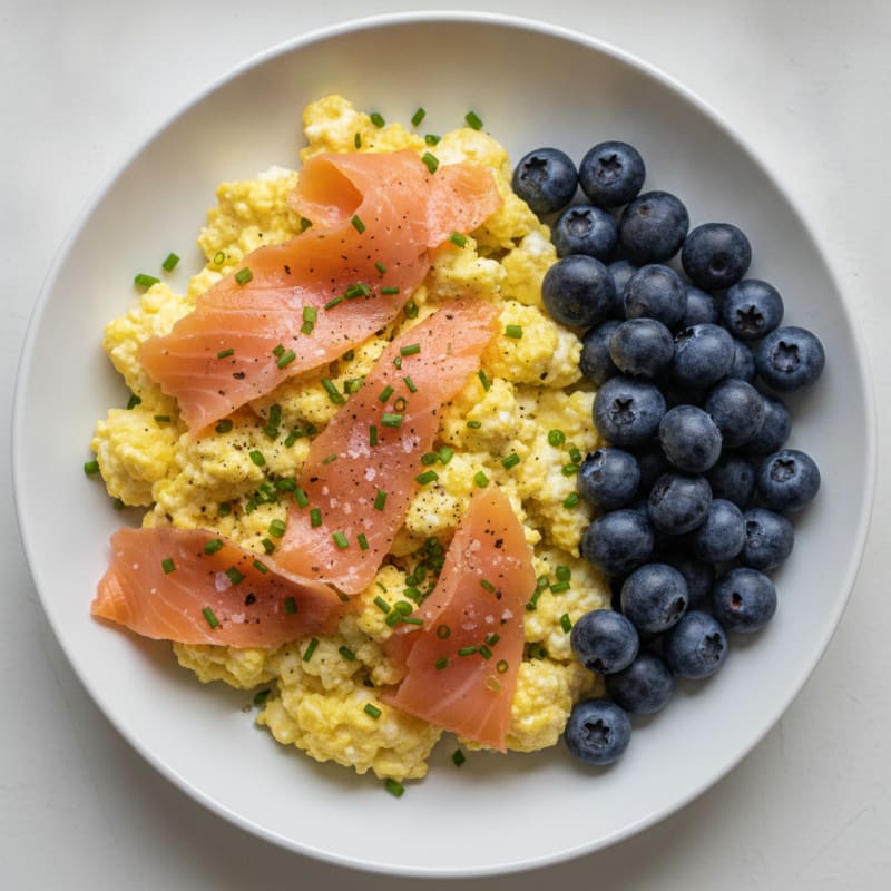 Smoked Salmon Cottage Cheese Scramble with Fruit