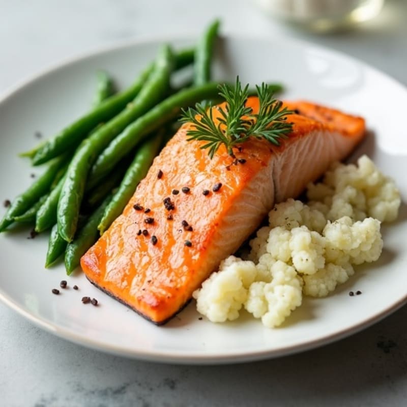 Seared Salmon with Steamed Green Beans and Garlic Cauliflower Mash