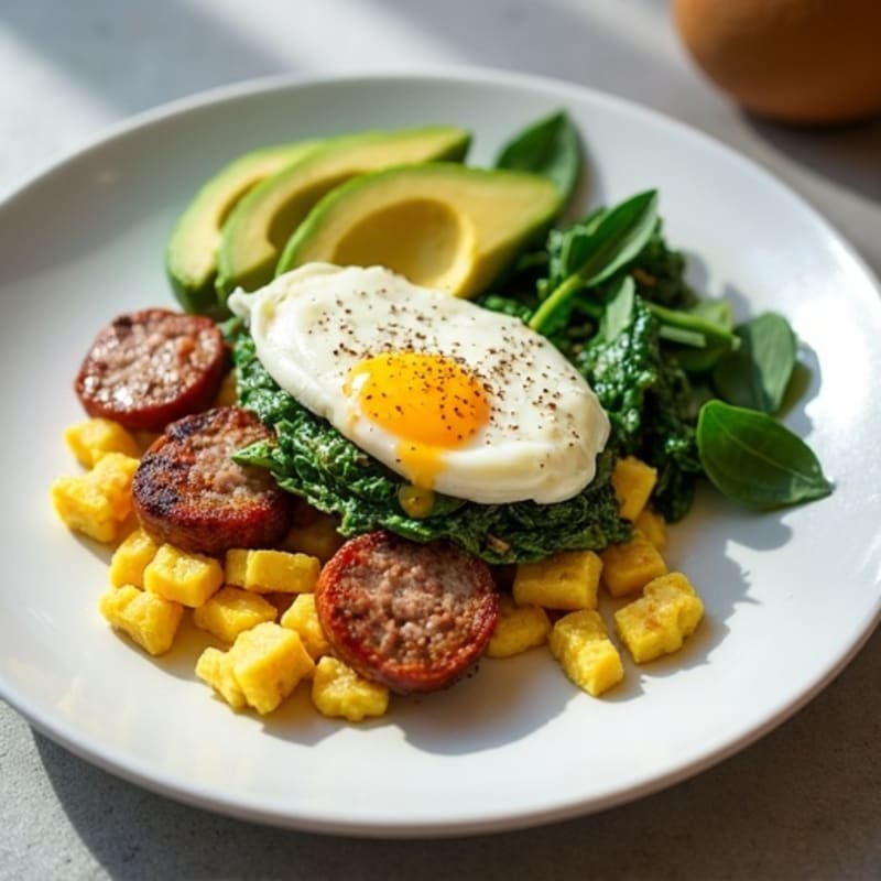 Egg White Scramble with Turkey Sausage and Sautéed Spinach