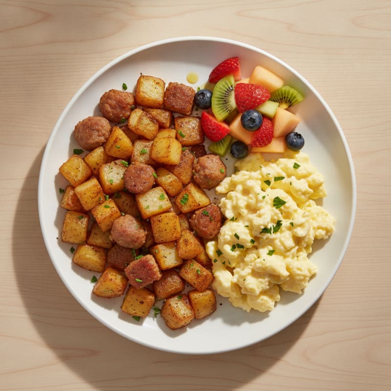 Crispy Turkey Sausage Potato Hash with Scrambled Eggs