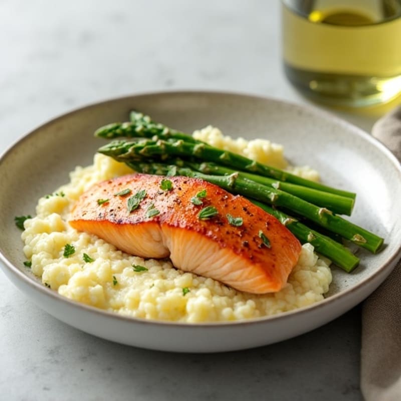 Seared Salmon with Steamed Asparagus and Garlic Cauliflower Mash
