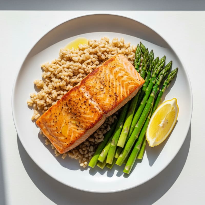 Seared Salmon with Steamed Asparagus and Brown Rice