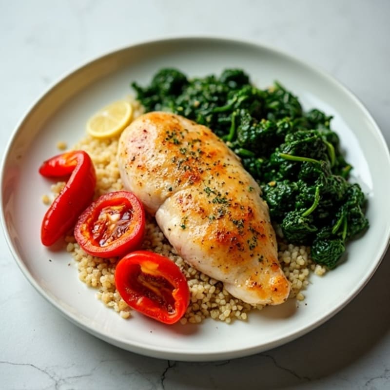 Lemon Garlic Chicken with Quinoa, Roasted Bell Peppers, and Sautéed Spinach