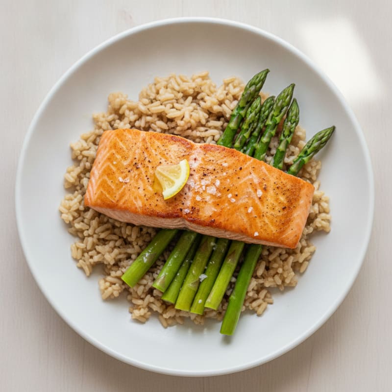 Seared Salmon with Steamed Asparagus and Brown Rice