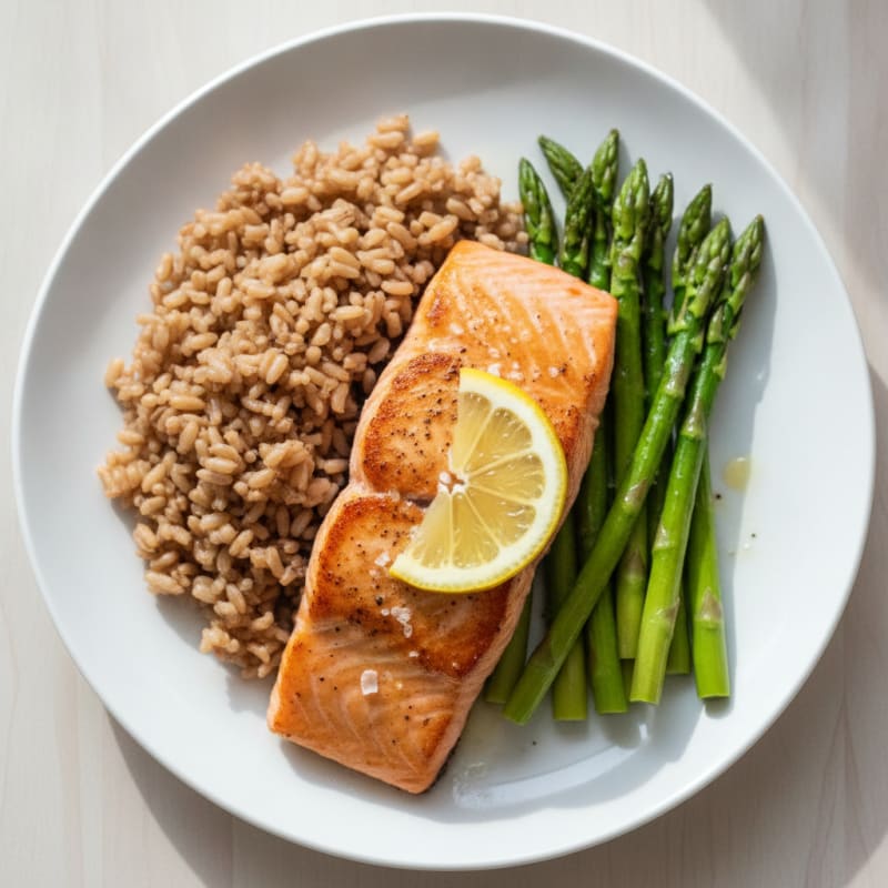 Seared Salmon Fillet with Steamed Asparagus and Brown Rice