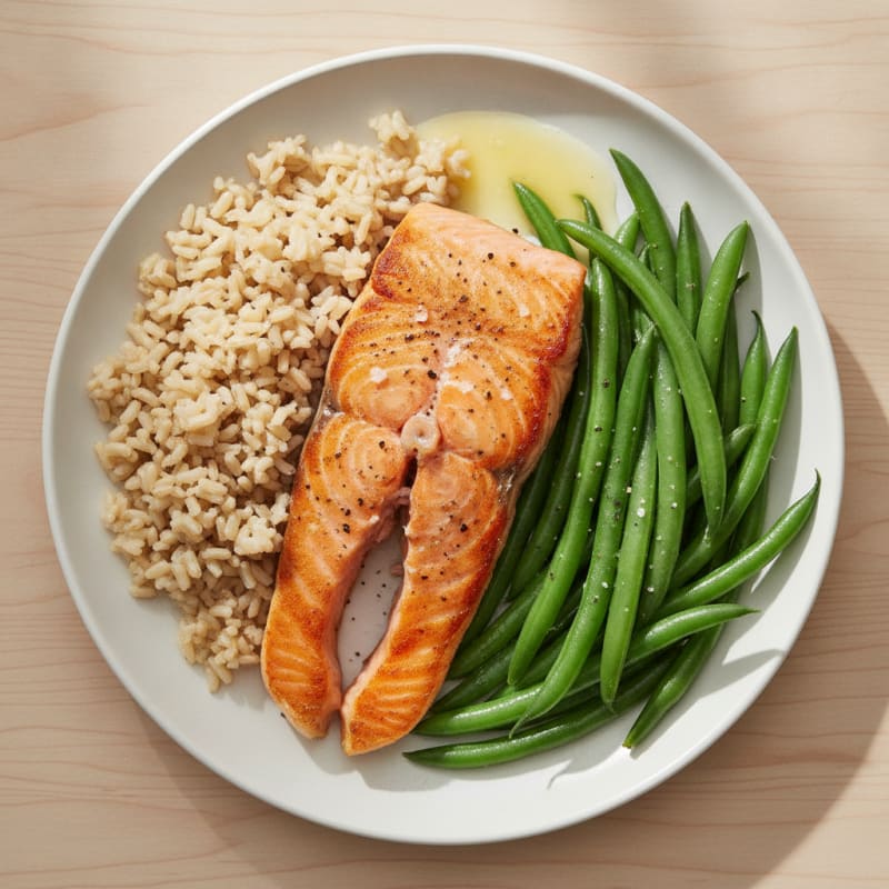 Seared Salmon with Steamed Green Beans and Brown Rice