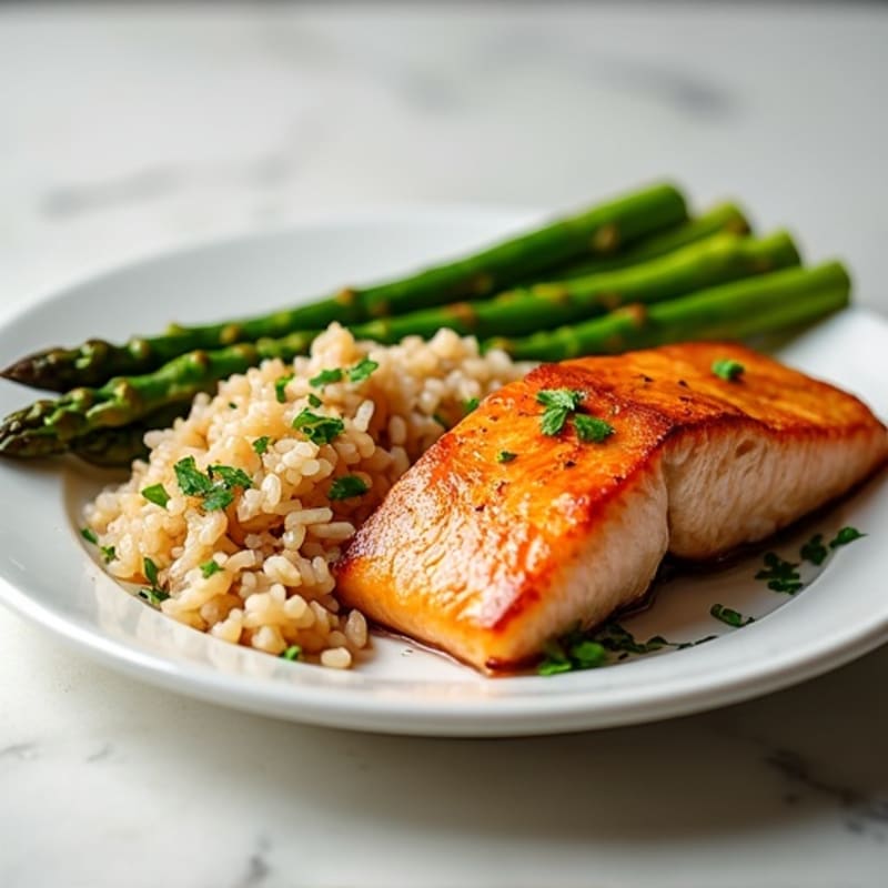 Seared Salmon Fillet with Steamed Asparagus and Brown Rice