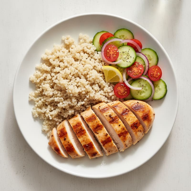 Grilled Chicken Breast with Quinoa and Crunchy Cucumber Tomato Salad