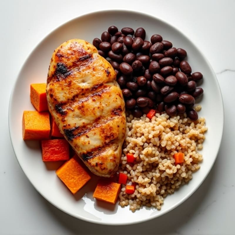 Chicken and Roasted Sweet Potato Plate with Creamy Black Beans, Spiced Rice, and Bell Peppers