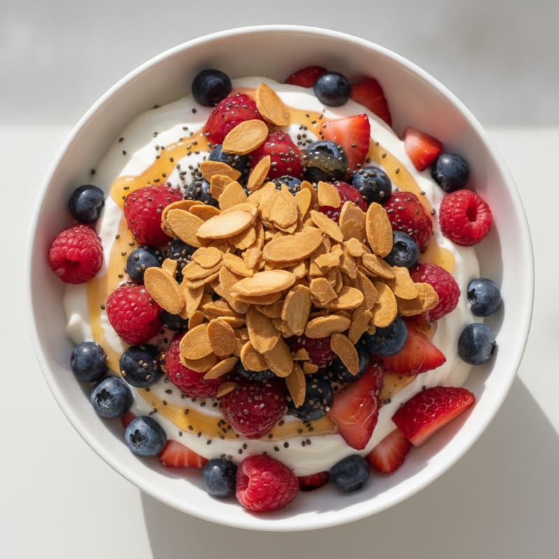 Greek Yogurt Protein Parfait with Mixed Berries and Almonds