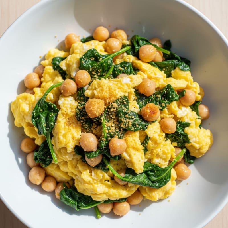 Scrambled Eggs with Sautéed Spinach and Chickpeas