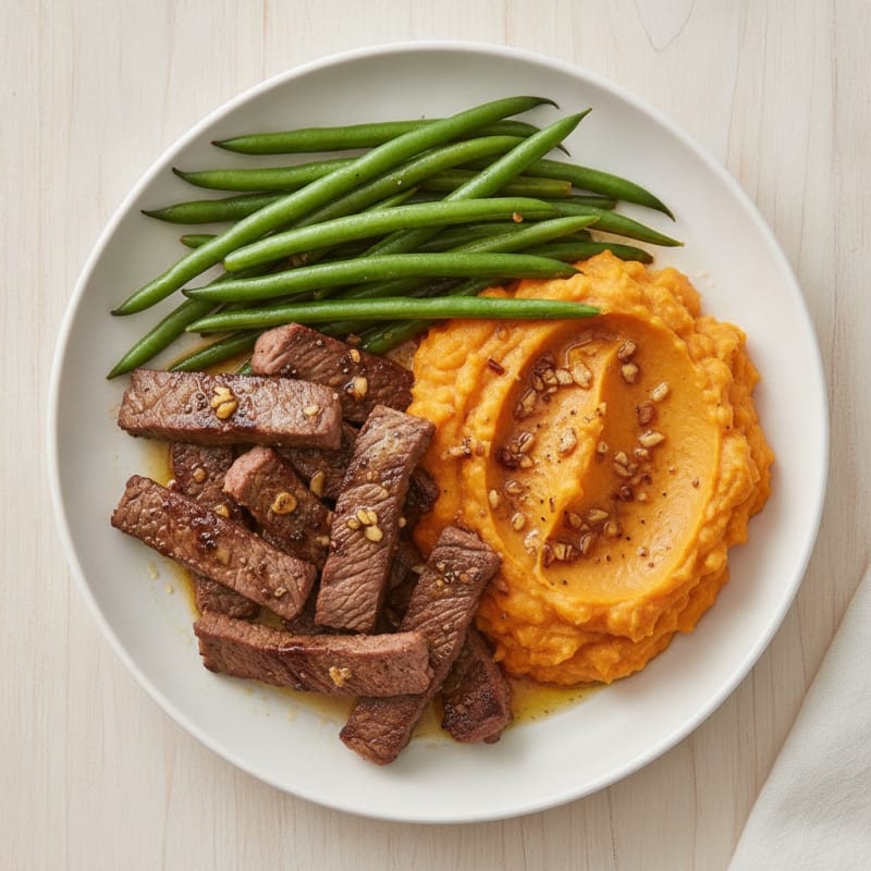 Seared Lean Beef Strips with Steamed Green Beans and Sweet Potato Mash