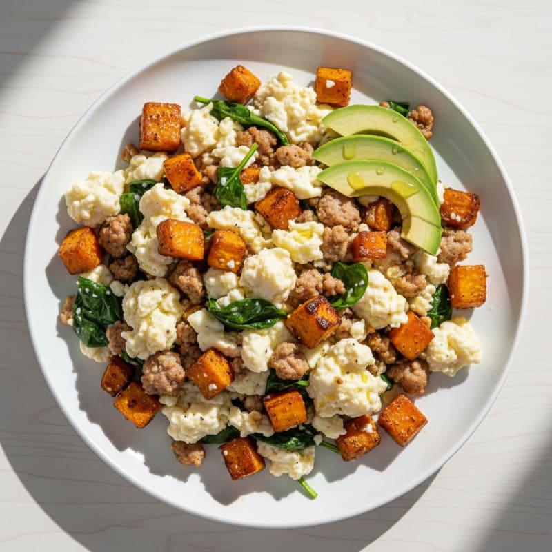 Egg White Scramble with Turkey Sausage and Roasted Sweet Potato