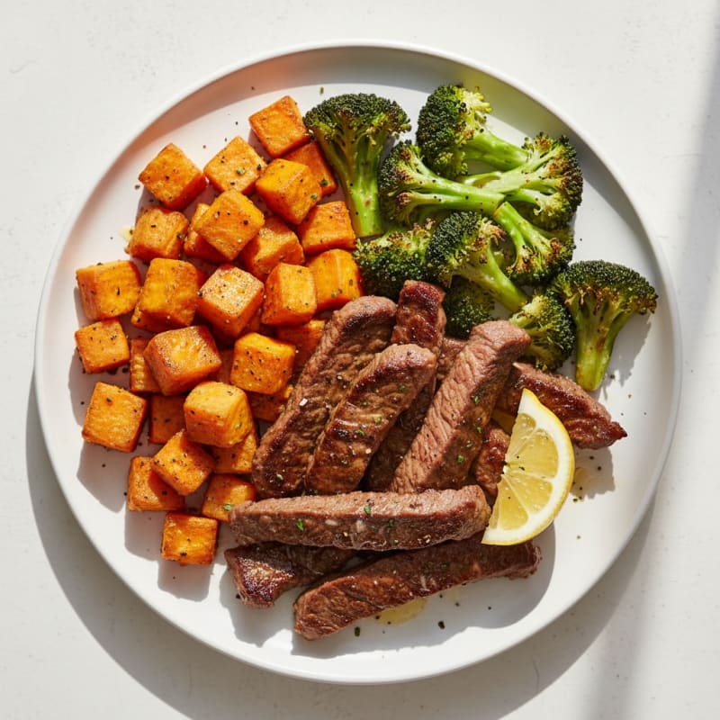 Seared Lean Beef Strips with Roasted Broccoli and Sweet Potato
