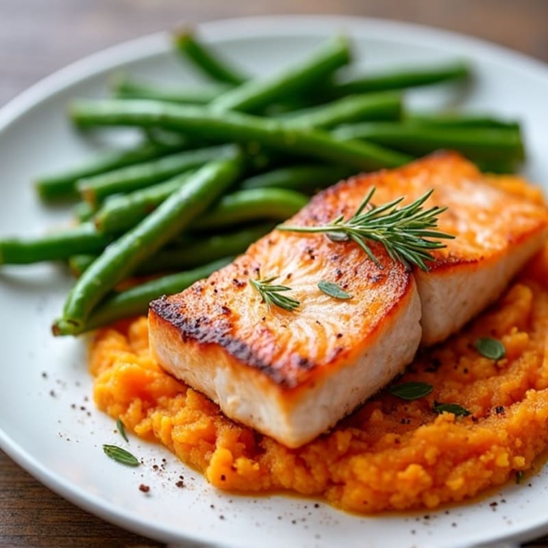 Seared Salmon with Sweet Potato Mash and Steamed Green Beans
