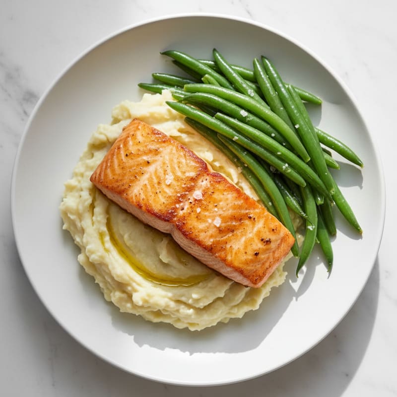 Seared Salmon Fillet with Steamed Green Beans and Garlic Mashed Potatoes