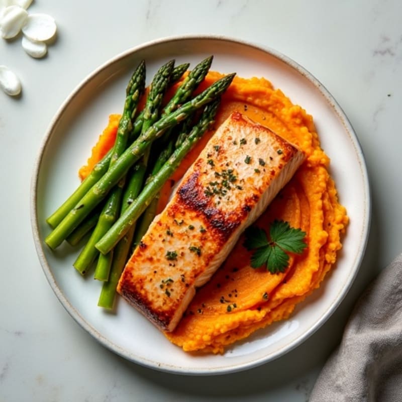 Seared Salmon Fillet with Roasted Asparagus and Sweet Potato Mash