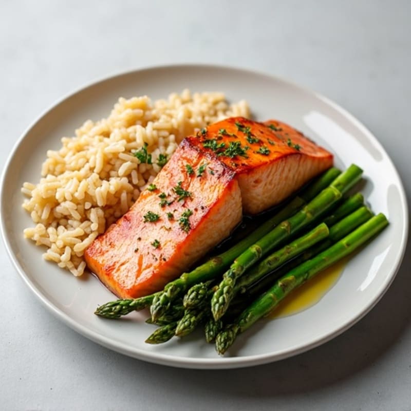 Seared Salmon with Brown Rice and Steamed Asparagus