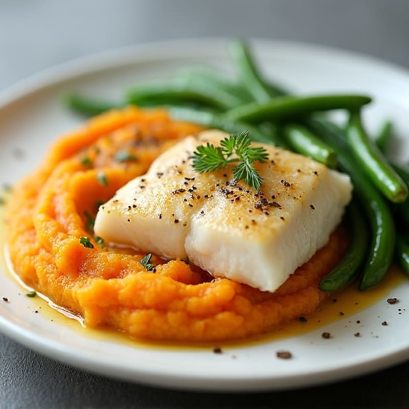 Baked Cod with Garlic Green Beans and Sweet Potato Mash