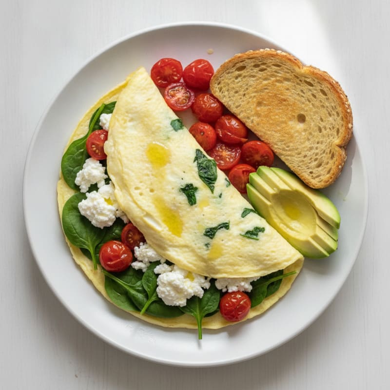 Egg White Spinach Omelette with Cottage Cheese and Cherry Tomatoes