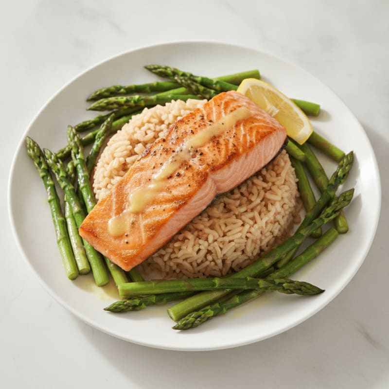 Seared Salmon Fillet with Steamed Asparagus and Brown Rice